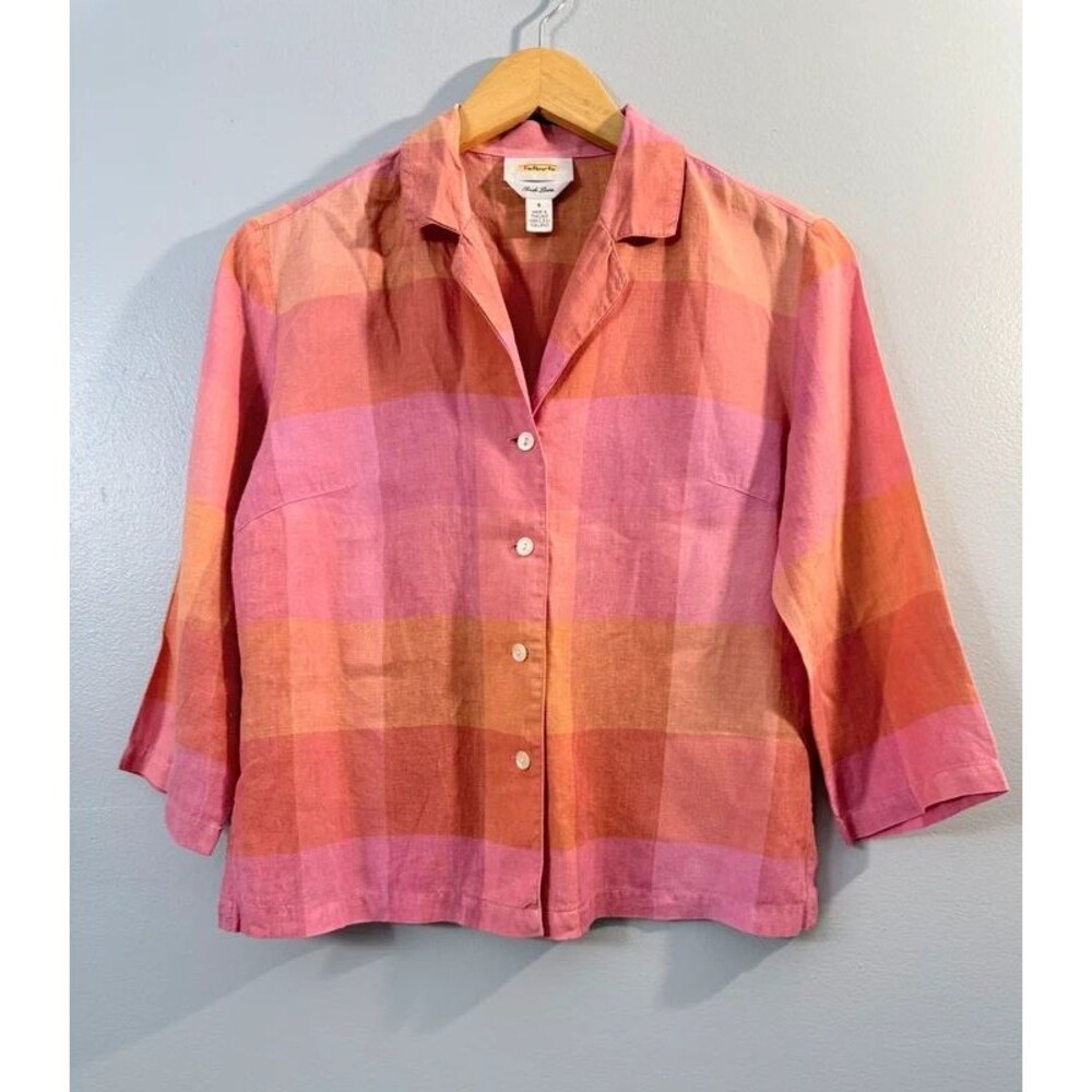 Talbots plaid linen blouse with three-quarter sleeves. Size 6